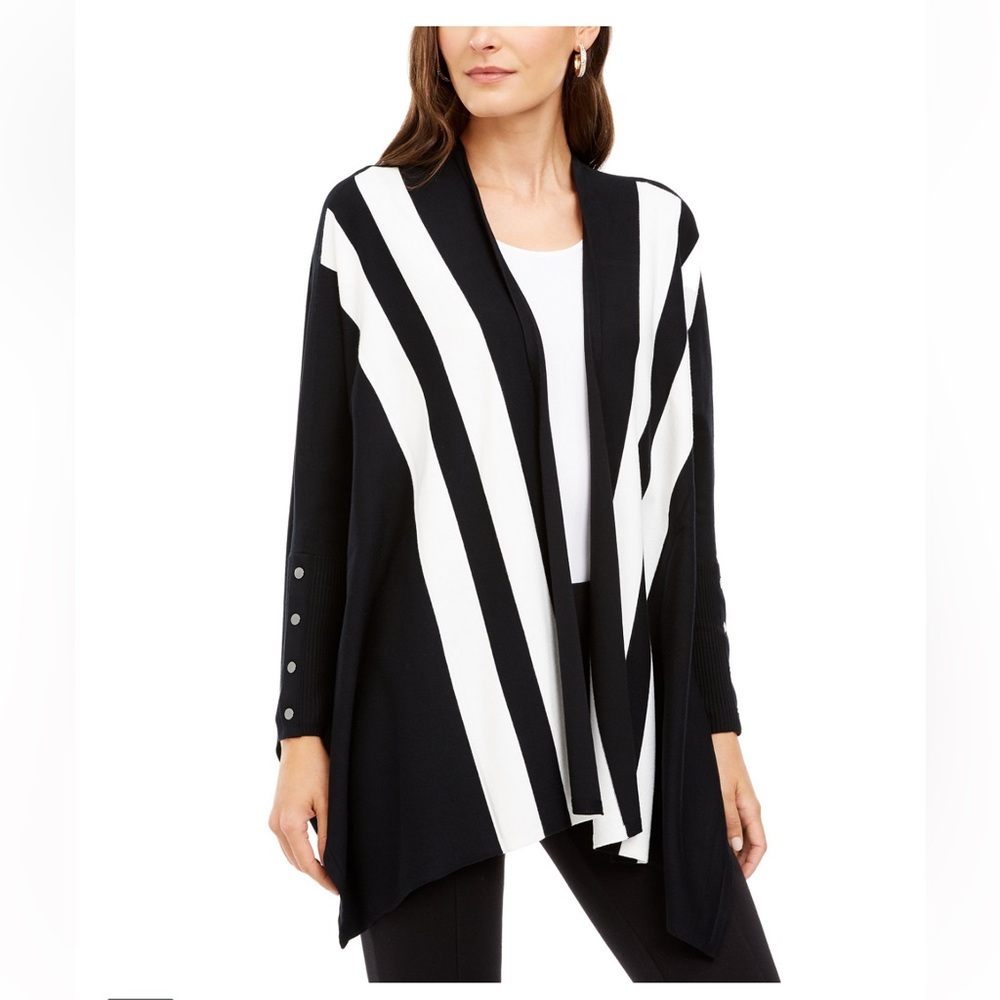 ALFANI Striped Open-Front Poncho Cardigan PS SP Petite Small EUC $80 Black Ivory - Picture 2 of 14